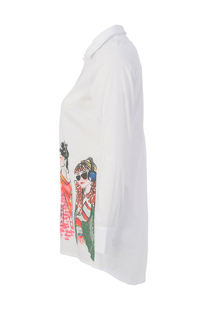 A white long-sleeve button-up shirt shown from the side, featuring a colorful graphic print of two illustrated women wearing sunglasses on the lower front.