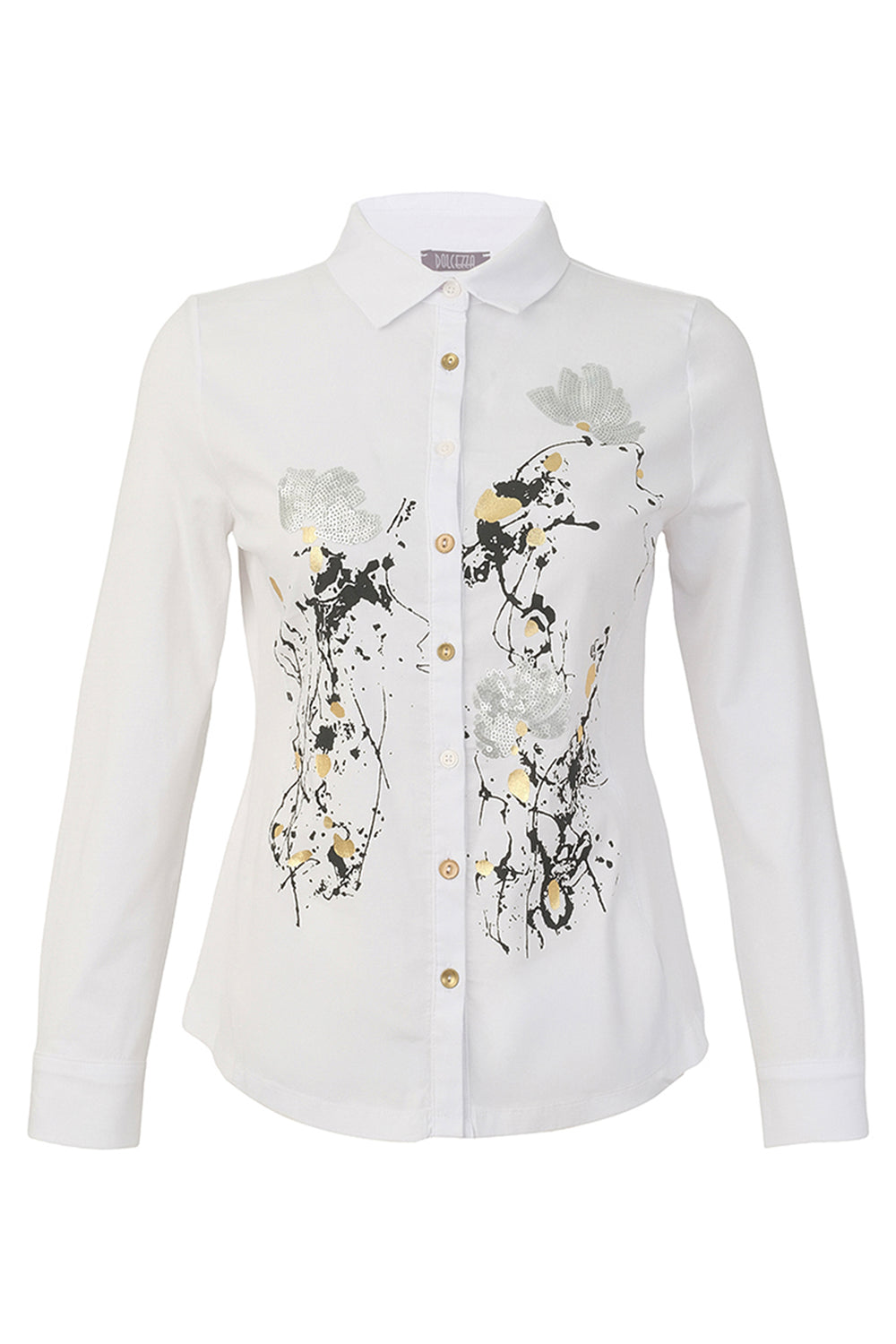 A white long-sleeve button-up blouse with a pointed collar, featuring abstract black, gray, and gold floral brushstroke prints on the front.