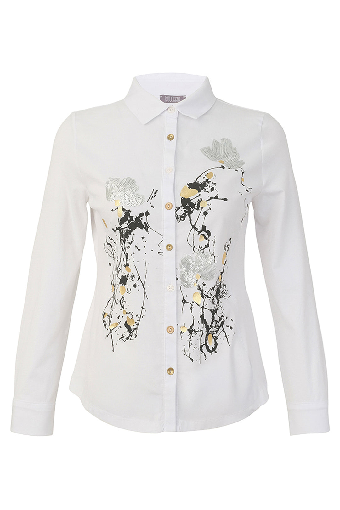 A white long-sleeve button-up blouse with a pointed collar, featuring abstract black, gray, and gold floral brushstroke prints on the front.