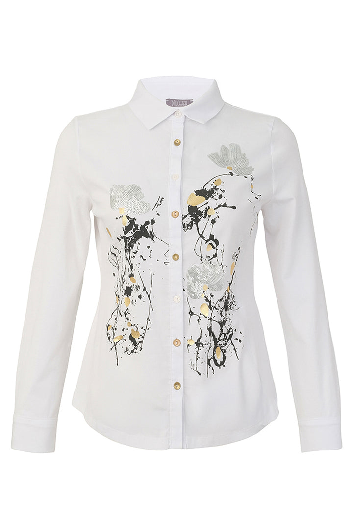 A white long-sleeve button-up blouse with a pointed collar, featuring abstract black, gray, and gold floral brushstroke prints on the front.