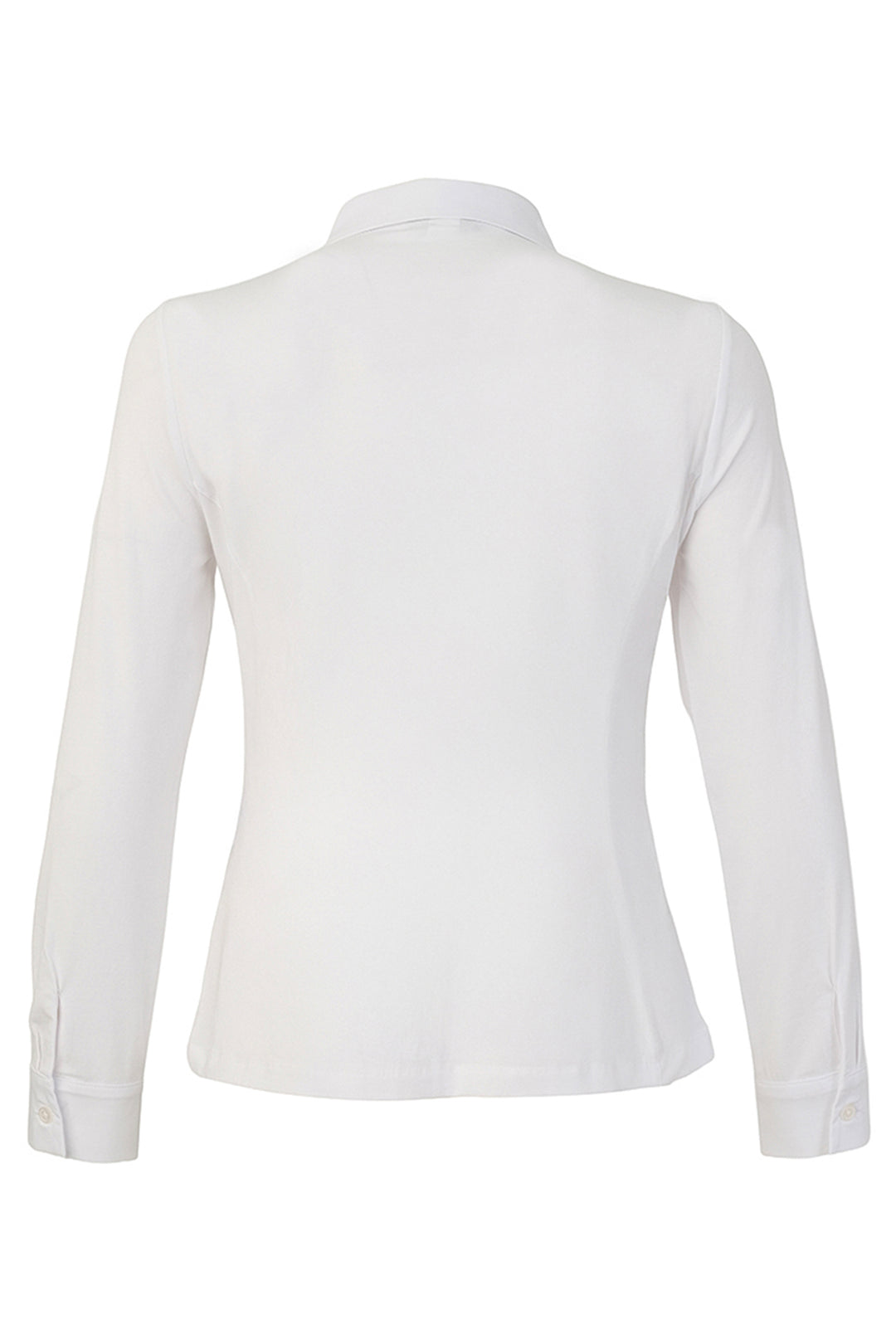 A white long-sleeve collared blouse shown from the back, displayed on a clean white background.