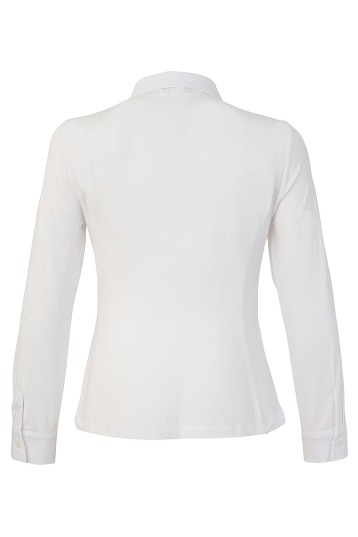 A white long-sleeve collared blouse shown from the back, displayed on a clean white background.