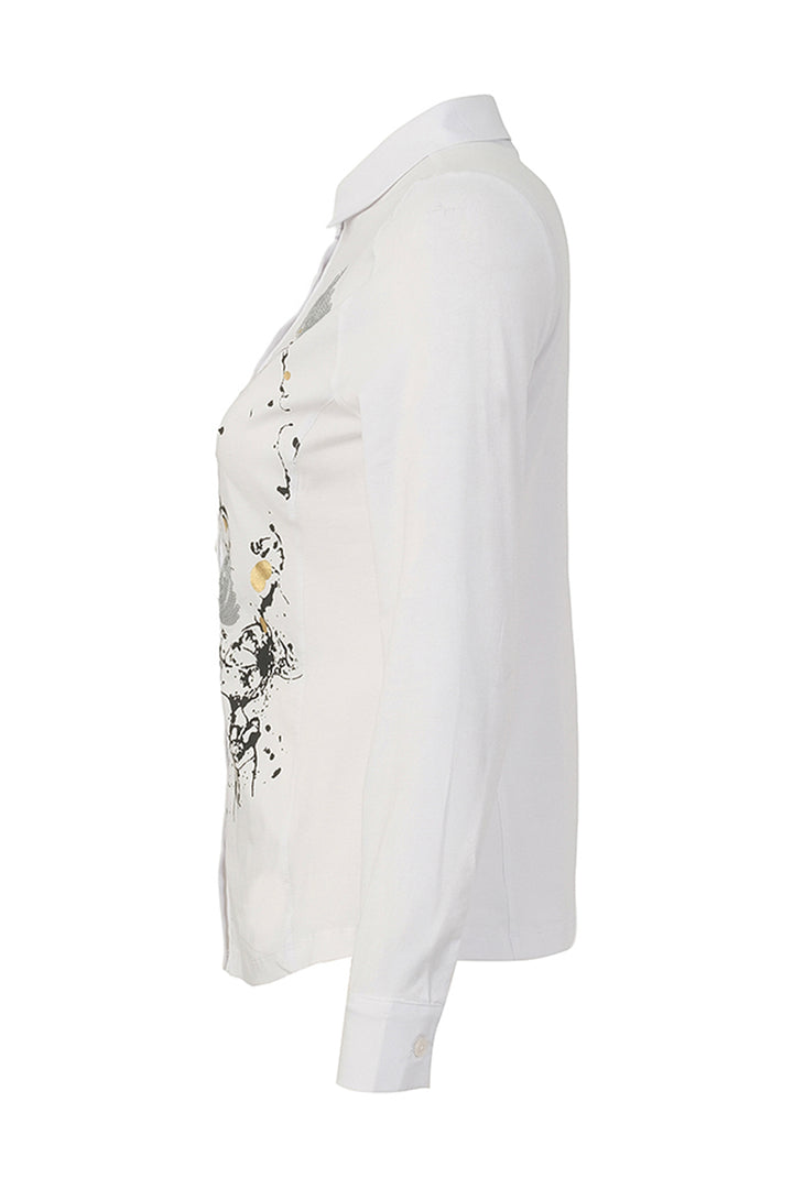 A white long-sleeve button-up shirt shown from the side, featuring a black and gray abstract graphic print with small yellow accents on the front.