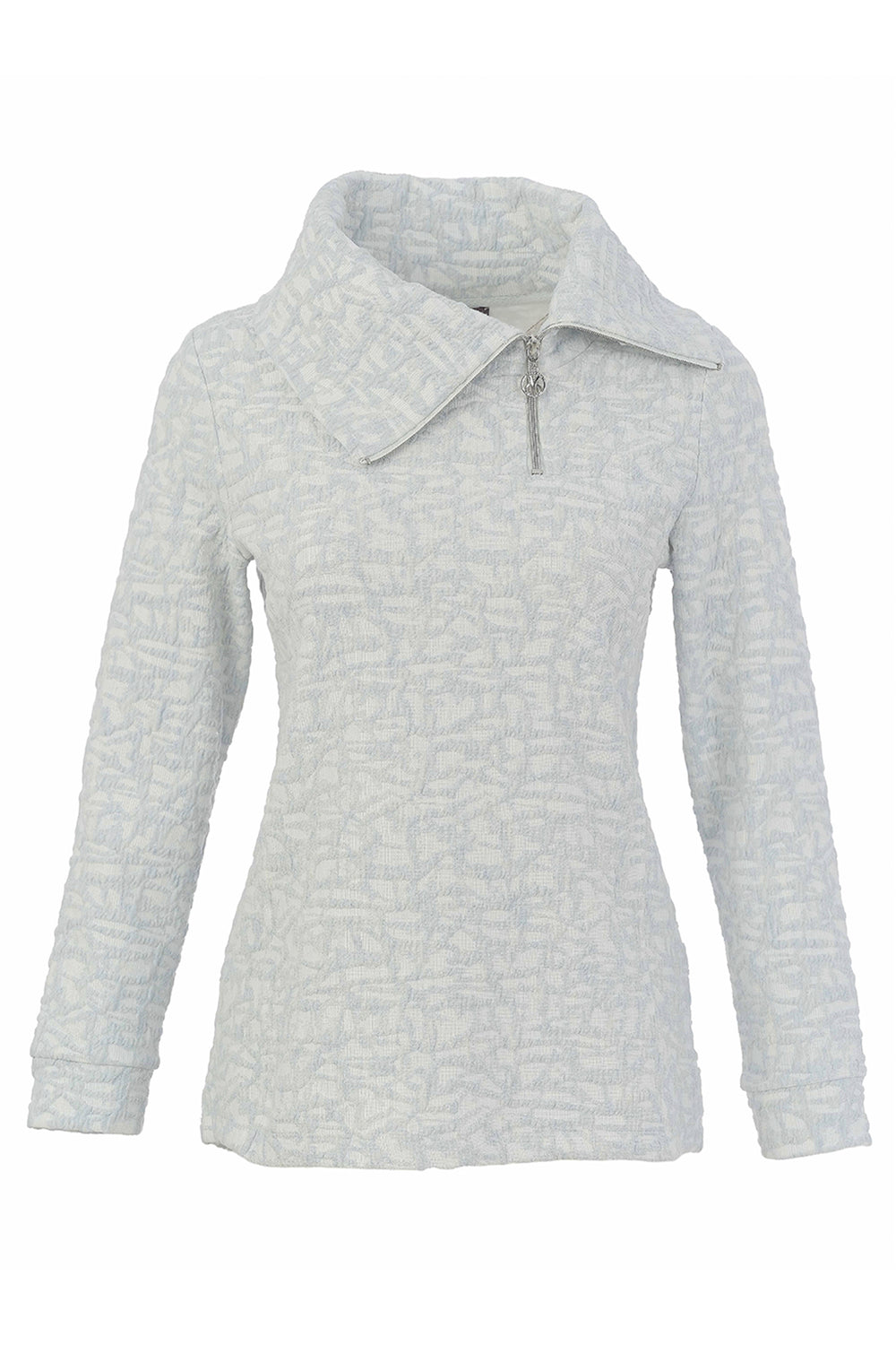 A women's long-sleeve collared top with a textured, tonal abstract pattern in light gray and white, featuring a short silver zipper at the collar, shown on a plain white background.