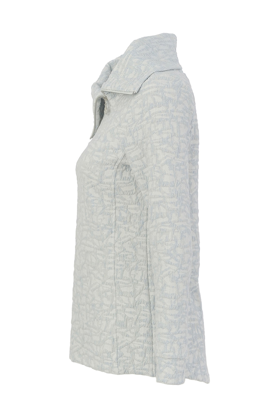 A light gray quilted jacket with a subtle tonal monogram pattern, shown in a side profile view against a white background.
