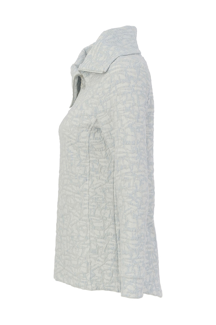 A light gray quilted jacket with a subtle tonal monogram pattern, shown in a side profile view against a white background.