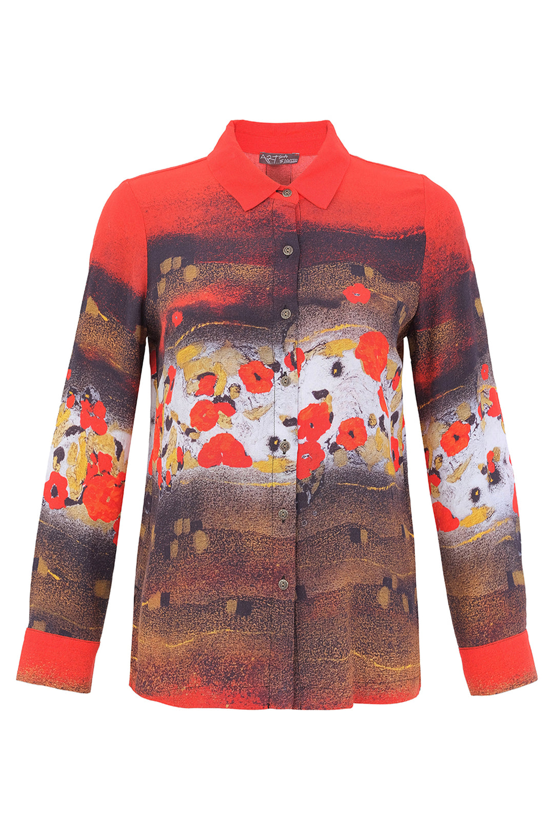 A long-sleeve collared shirt with a vibrant red collar and cuffs, featuring an artistic print of red poppies over a brown and white landscape, on a white background.
