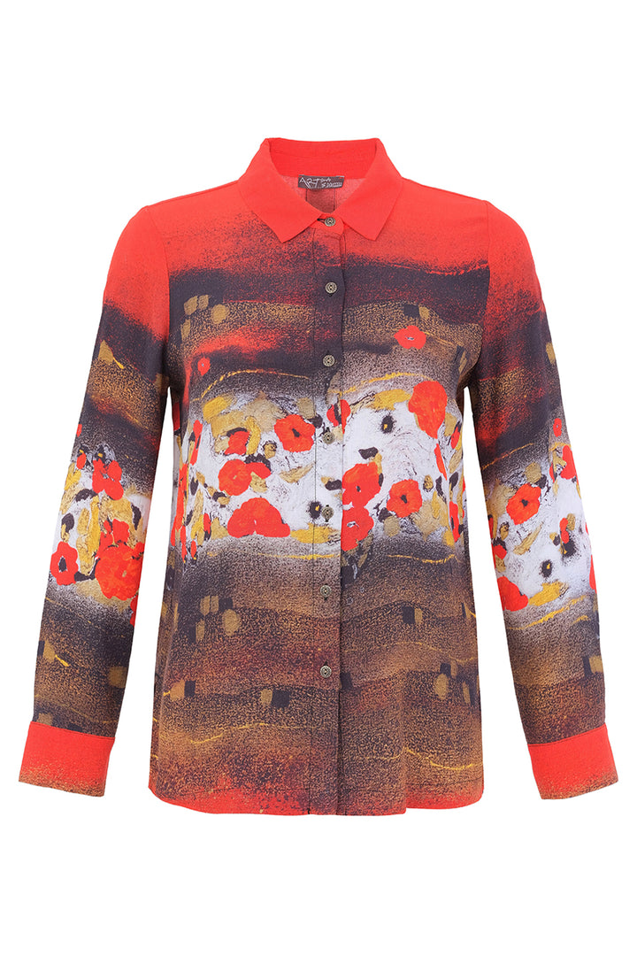 A long-sleeve collared shirt with a vibrant red collar and cuffs, featuring an artistic print of red poppies over a brown and white landscape, on a white background.