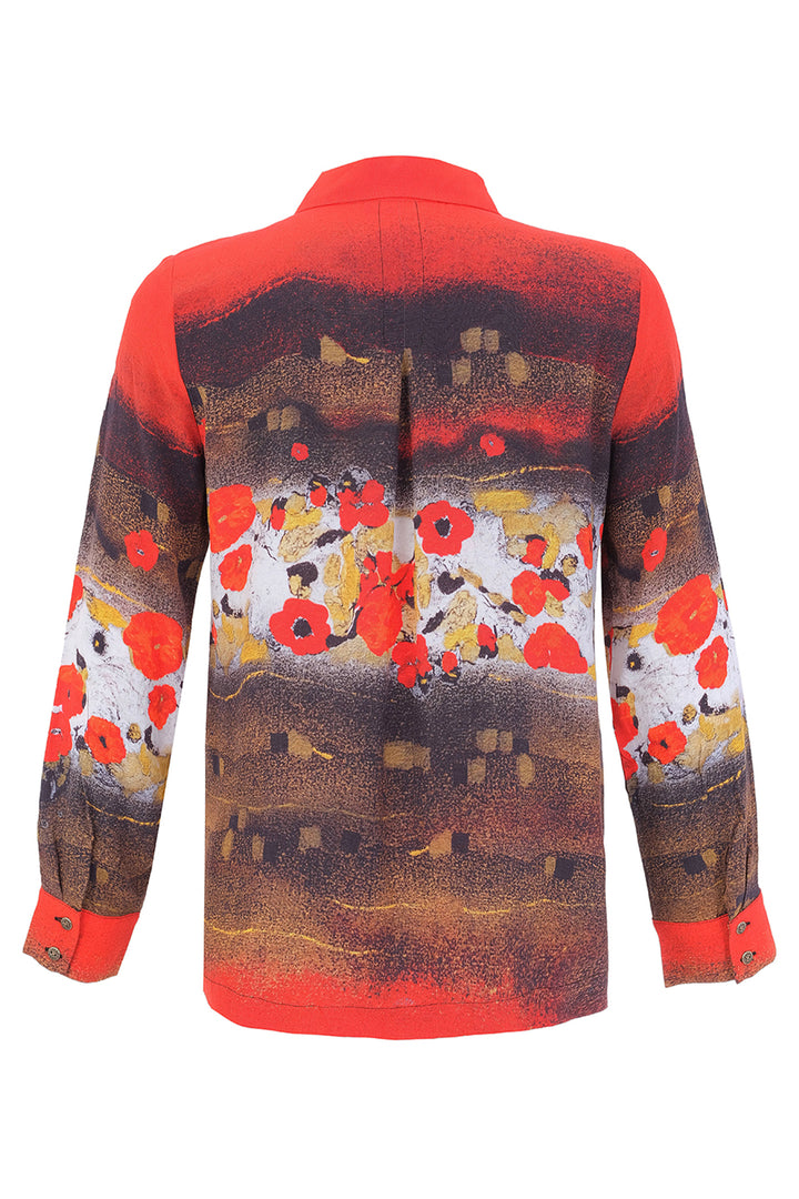 A long-sleeve collared shirt with a vibrant red collar and cuffs, featuring an artistic print of red poppies over a brown and white landscape, shown from the back on a white background.