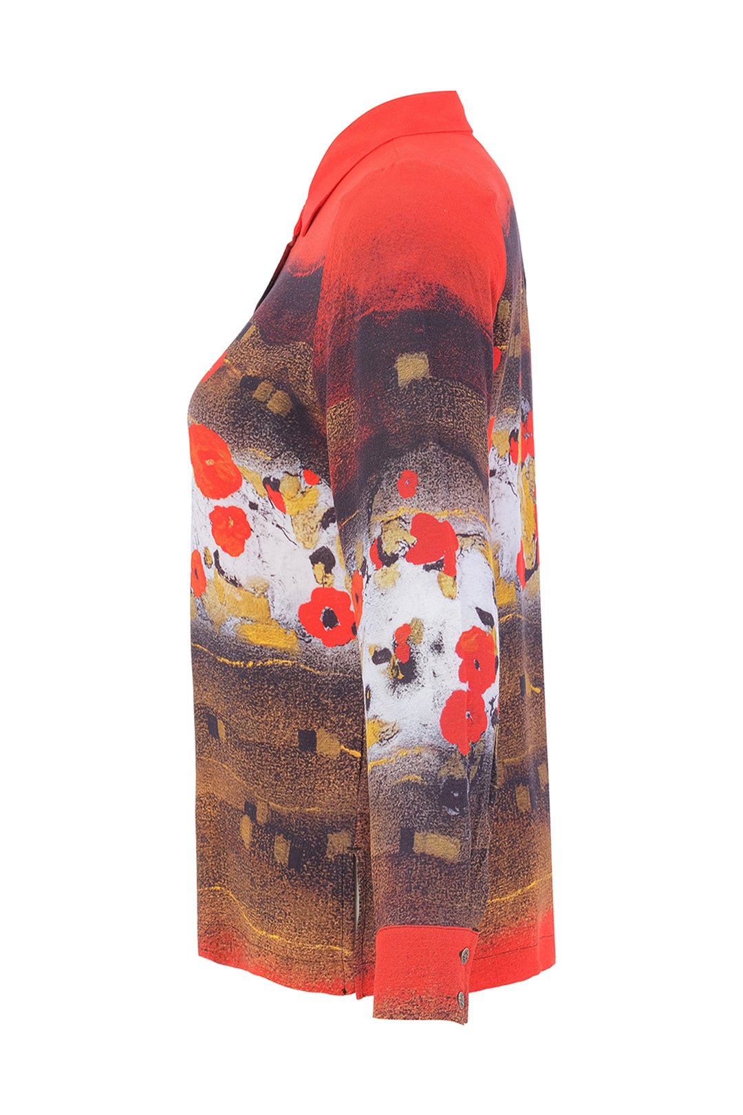 A long-sleeve collared shirt with a vibrant red collar and cuffs, featuring an artistic print of red poppies over a brown and white landscape, shown from a side profile on a white background.