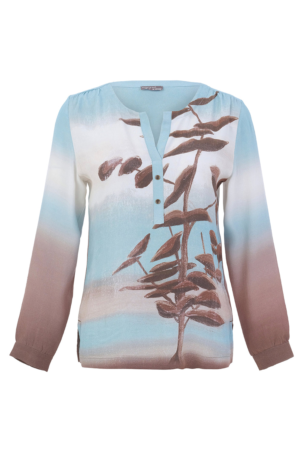 A women's long-sleeve blouse with a V-neck and three-button placket, featuring a brown botanical branch print over a light blue and beige gradient background.