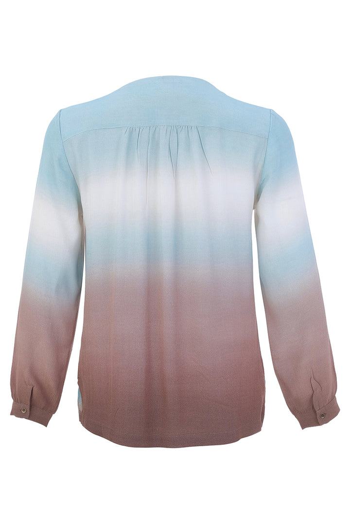 A long-sleeve blouse shown from the back, featuring a vertical ombré color gradient transitioning from light blue at the top to white in the middle and dusty rose pink at the bottom.