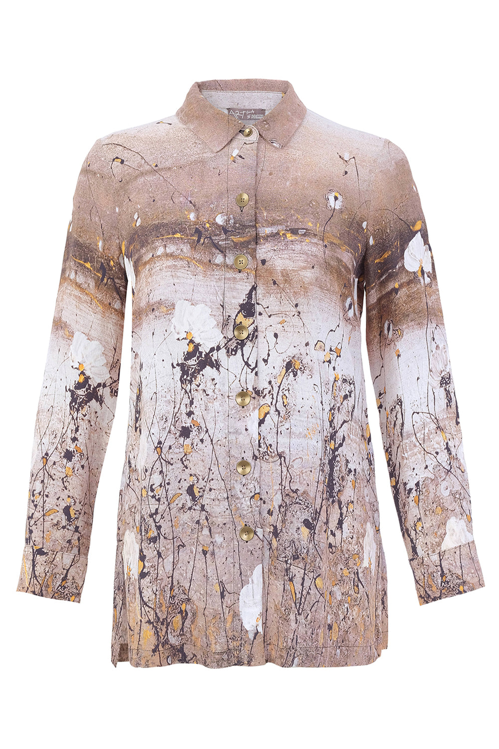 A long-sleeve button-up shirt with a beige, brown, and white abstract paint splatter print, featuring gold-tone buttons down the front.