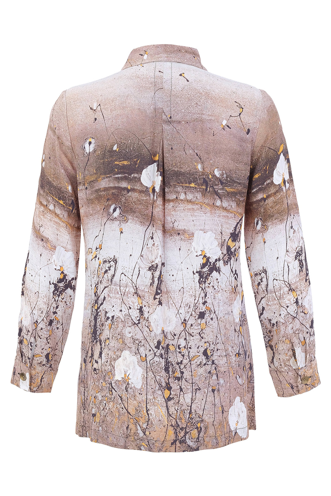 A long-sleeve button-up shirt shown from the back, featuring an abstract painterly print in shades of beige, brown, white, and black with small gold accents.