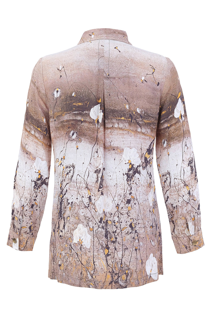 A long-sleeve button-up shirt shown from the back, featuring an abstract painterly print in shades of beige, brown, white, and black with small gold accents.