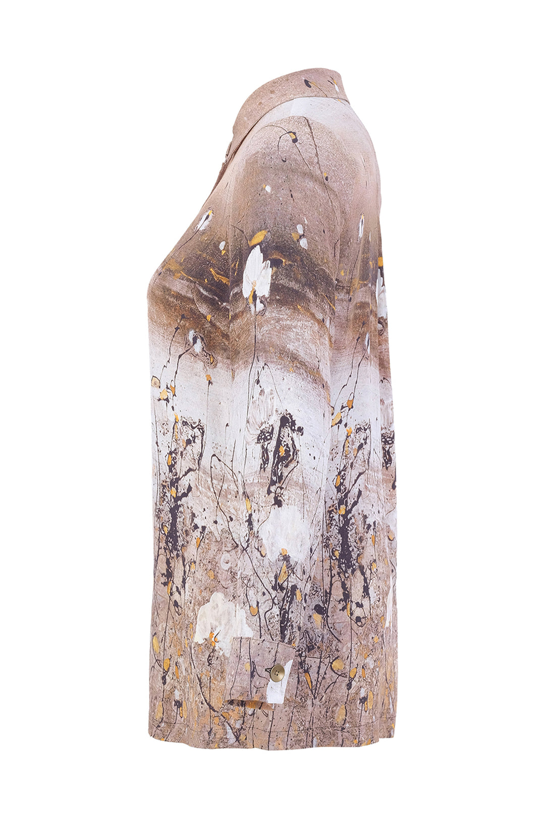 A long-sleeve collared shirt shown from the side on a white background, featuring an abstract art print with brown, beige, white, and gold paint splatters.