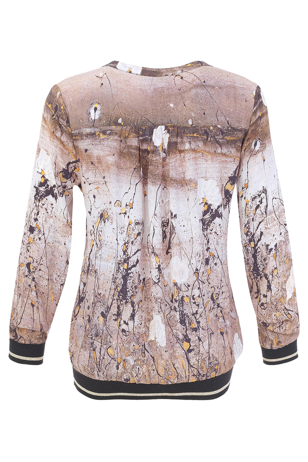 A long-sleeve crewneck sweatshirt featuring an abstract paint-splatter print in beige, brown, white, and black, with black ribbed cuffs and hem.