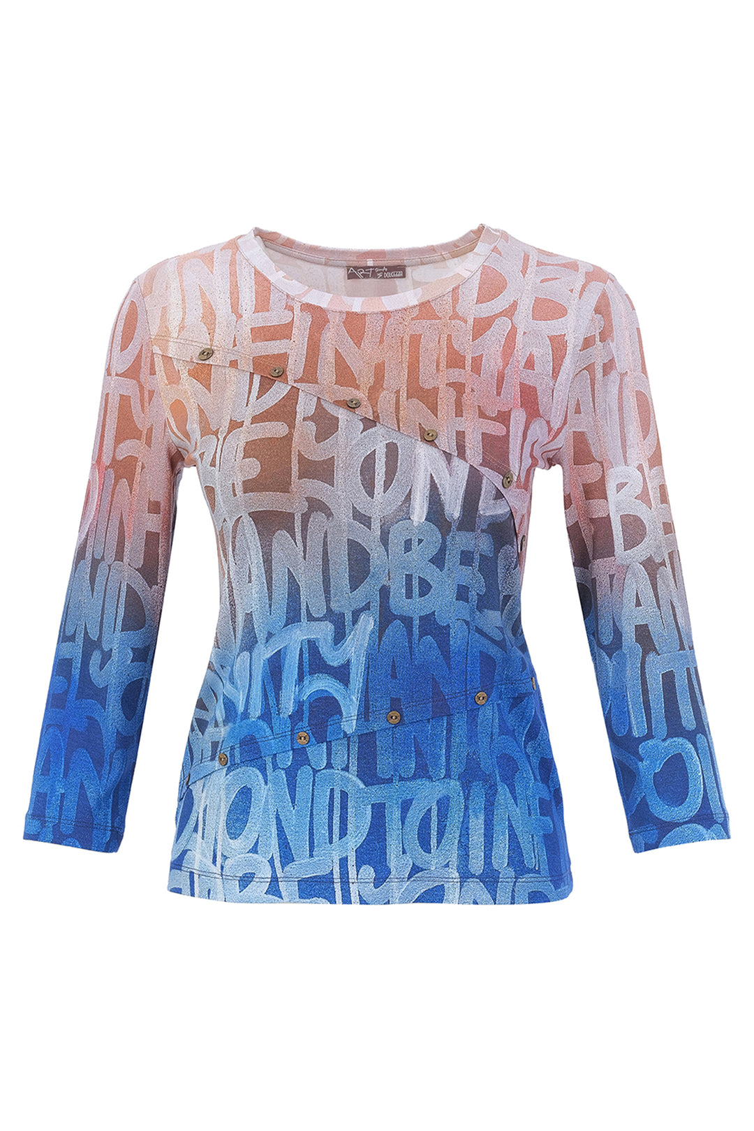 A three-quarter sleeve long-sleeve top with a gradient color transition from peach-orange at the shoulders to light blue and dark blue at the hem. The entire garment features an all-over abstract graffiti-style text pattern in white and blue.