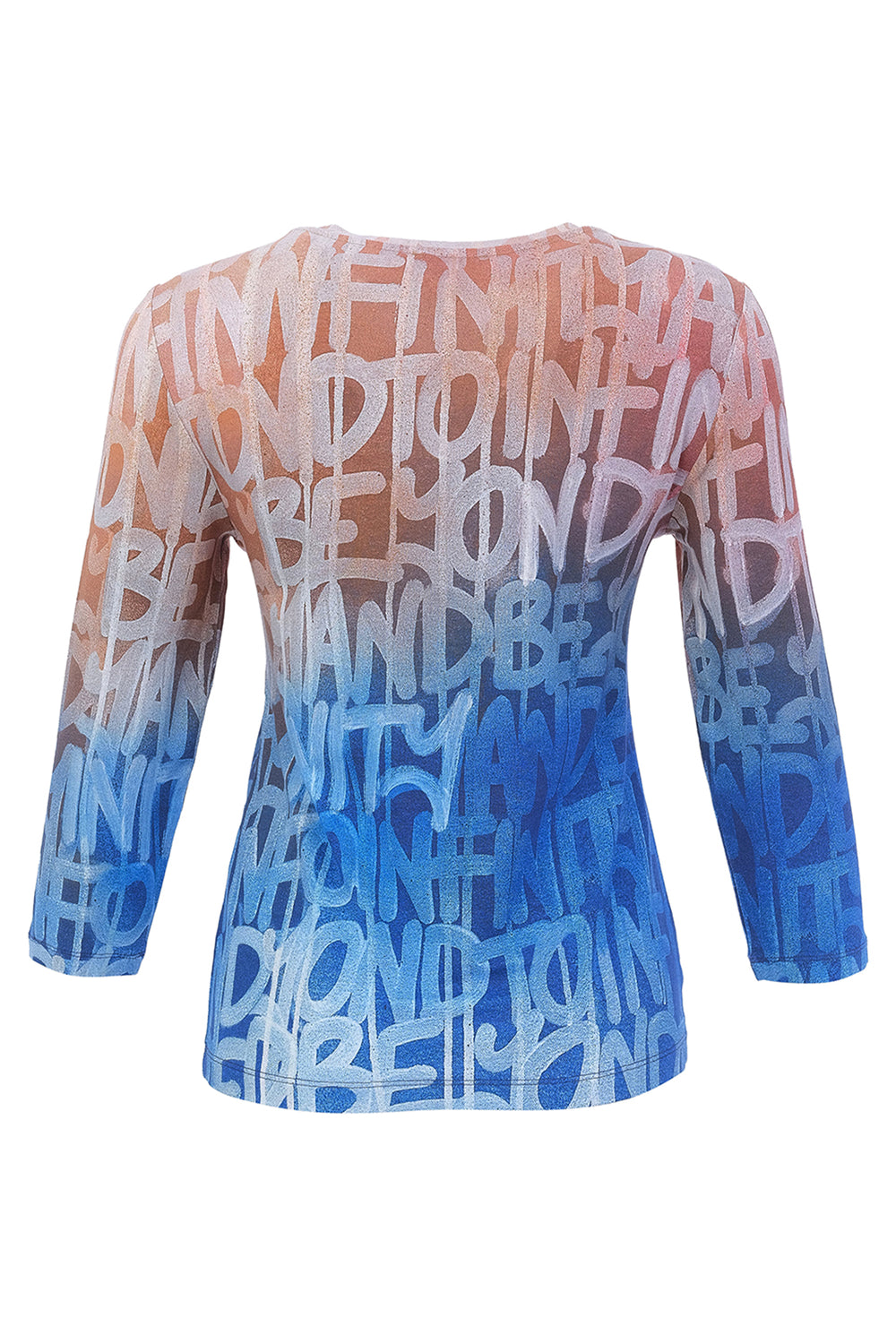 A three-quarter sleeve long-sleeve top with a gradient color transition from peach-orange at the shoulders to light blue and dark blue at the hem. The entire garment features an all-over abstract graffiti-style text pattern in white and blue.