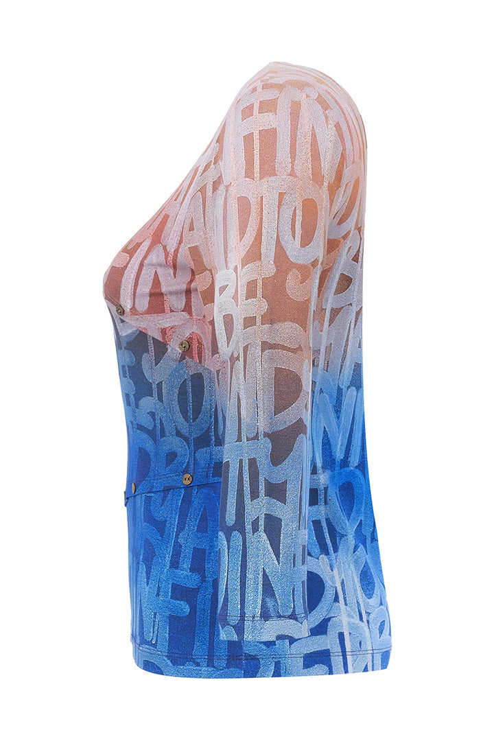 A three-quarter sleeve long-sleeve top with a gradient color transition from peach-orange at the shoulders to light blue and dark blue at the hem. The entire garment features an all-over abstract graffiti-style text pattern in white and blue.