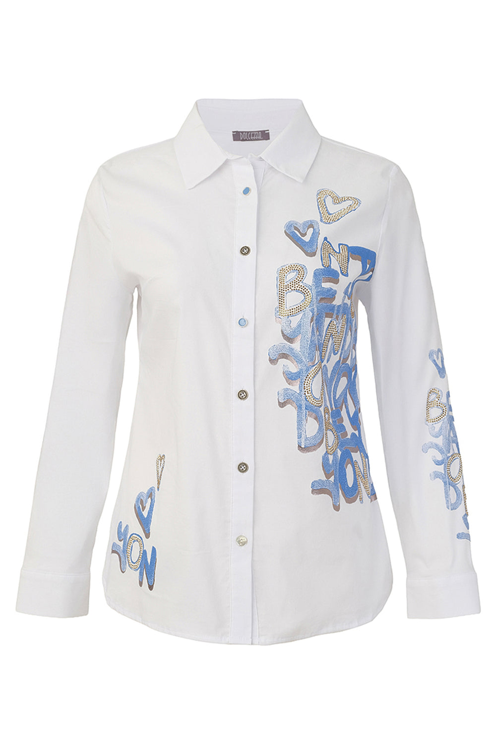 A white long-sleeve button-up shirt with blue and gold graffiti-style embroidered lettering and heart motifs on the front and sleeves.