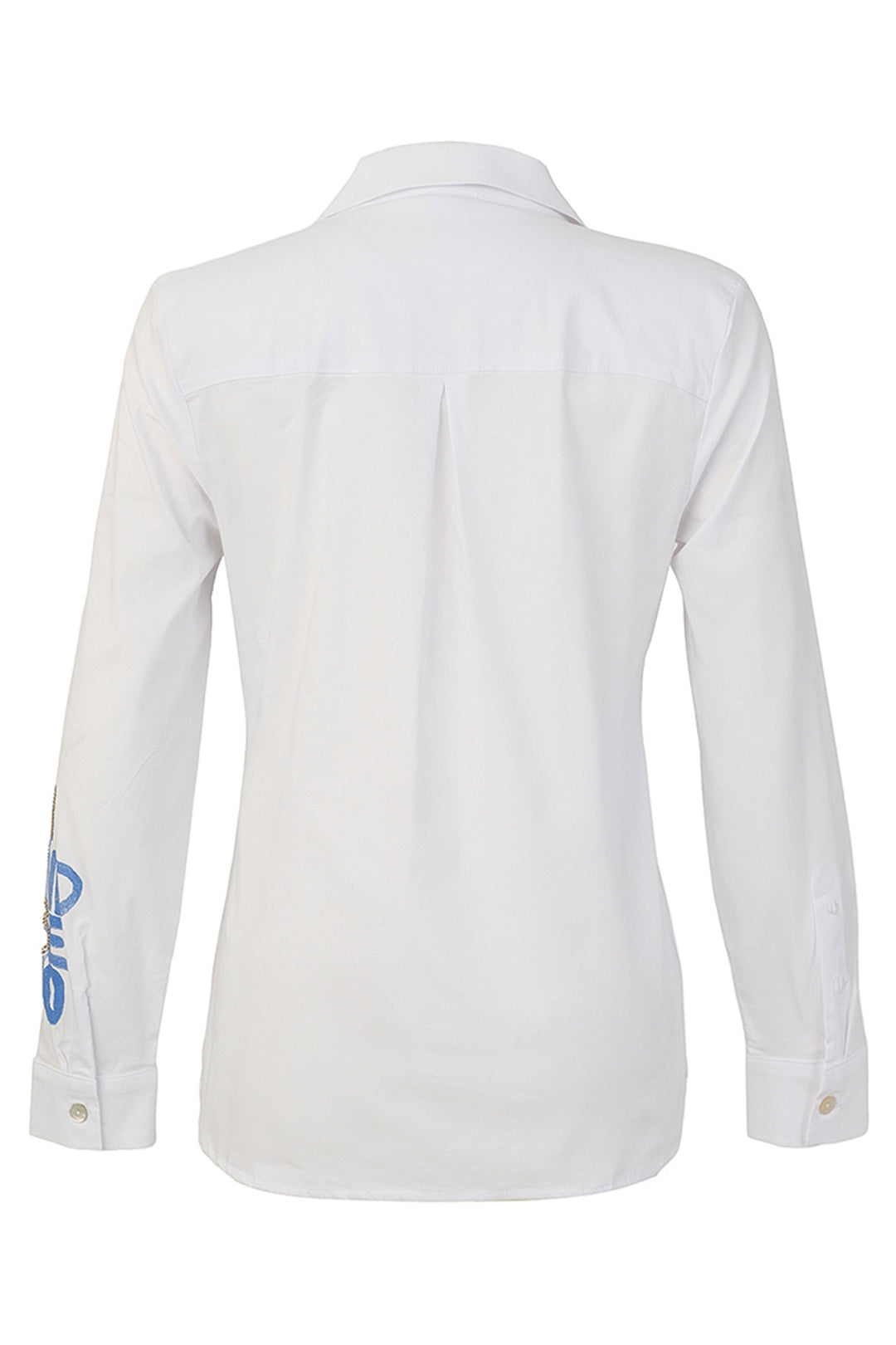 White long-sleeve button-up shirt shown from the back, featuring a subtle vertical blue logo print on the left sleeve cuff.