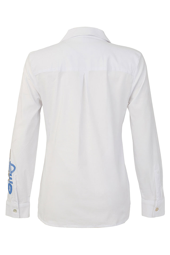 White long-sleeve button-up shirt shown from the back, featuring a subtle vertical blue logo print on the left sleeve cuff.