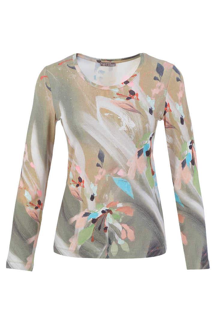 A long-sleeve crewneck top featuring an abstract painterly floral pattern in muted beige, gray, pink, blue, and green tones, displayed on a clean white background.