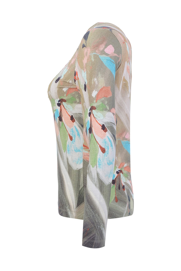 A long-sleeve top shown from the side on a white background, featuring an abstract painterly print with white, gray, beige, light blue, pink, and green tones.