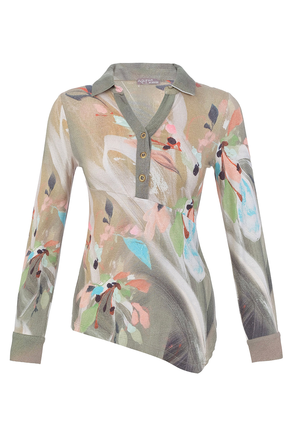 A women's long-sleeve polo shirt with a muted abstract floral print in beige, sage green, pink, and light blue, featuring a buttoned collar and three buttons.