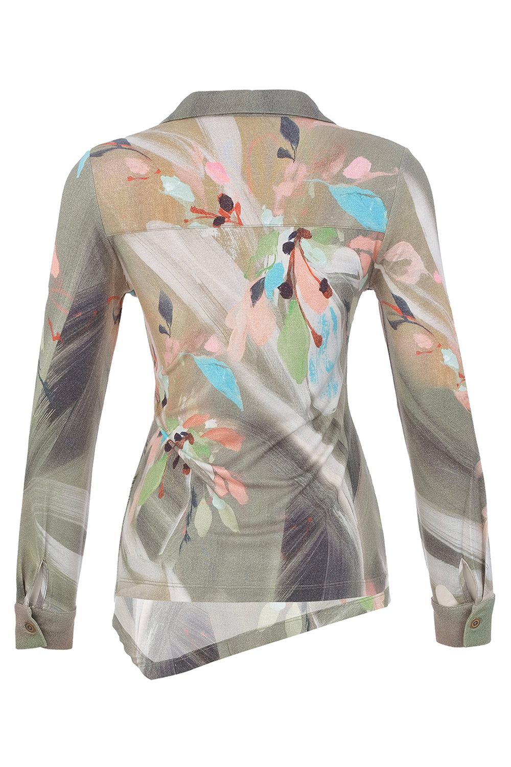 A long-sleeve collared blouse shown from the back, featuring an abstract painterly print in muted beige, gray, green, pink, and light blue tones.