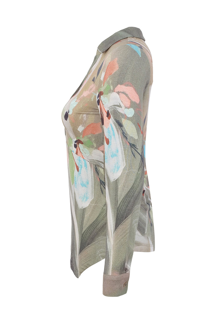 A sheer, lightweight long-sleeve blouse with a muted olive green base and a colorful abstract floral print in pink, blue, and white, shown on a white background.