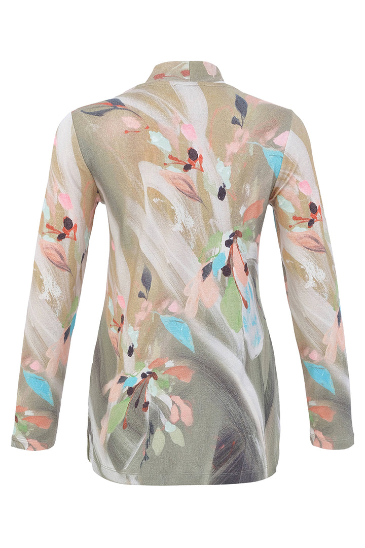 A long-sleeve collared blouse with a beige base and an abstract painterly print in pink, blue, green, and brown, shown from the back on a white background.