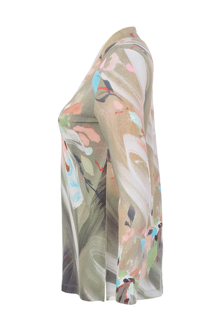 A long-sleeve sheer top with an abstract painterly print in beige, green, pink, and blue, shown from a side profile view on a white background.