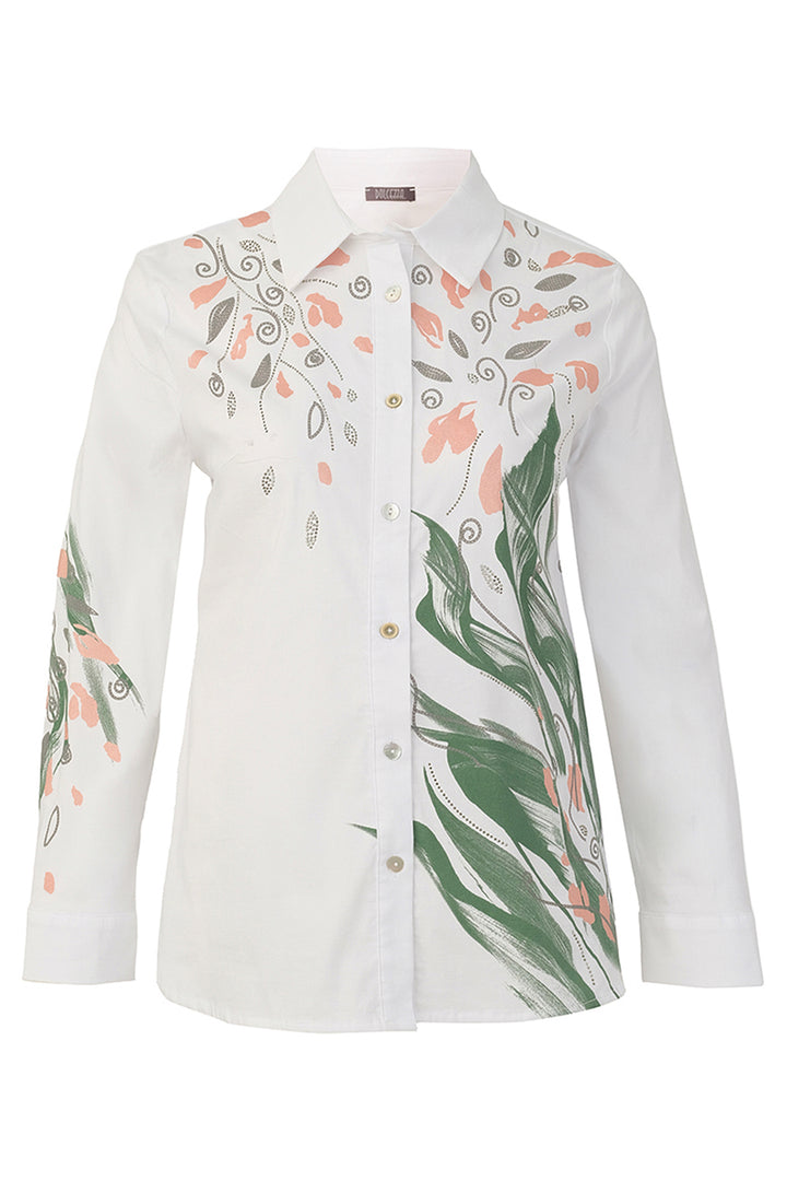 A white long-sleeve button-up shirt with a printed botanical pattern featuring green leaves, peach flowers, and gray swirls, displayed on a clean white background.