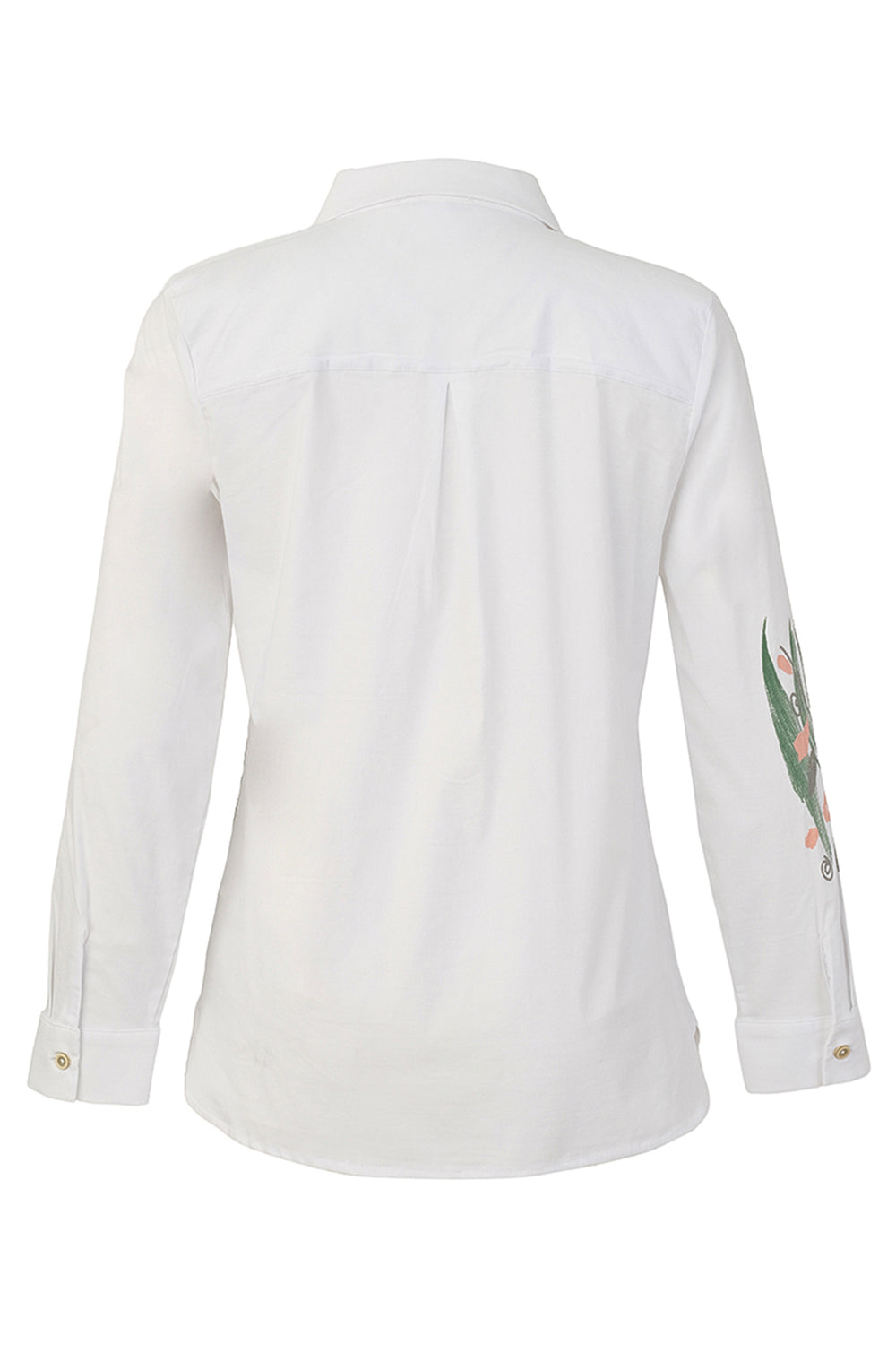 White long-sleeve button-up shirt shown from the back, featuring a subtle vertical pleat design and a green embroidered leaf motif on the right sleeve.