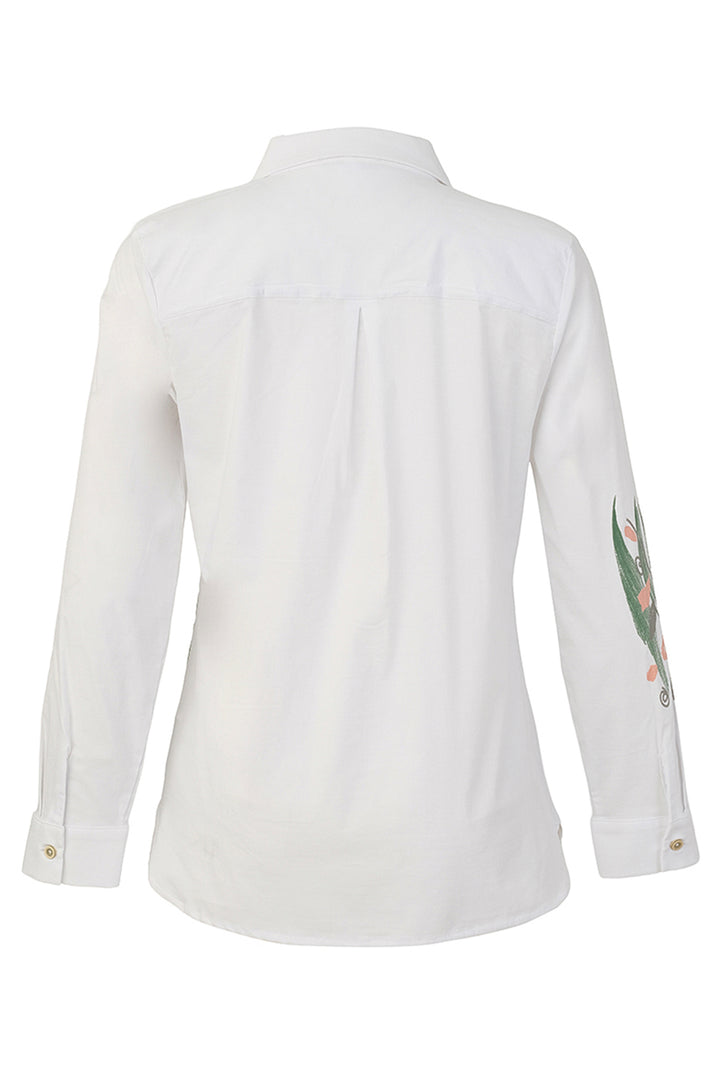 White long-sleeve button-up shirt shown from the back, featuring a subtle vertical pleat design and a green embroidered leaf motif on the right sleeve.
