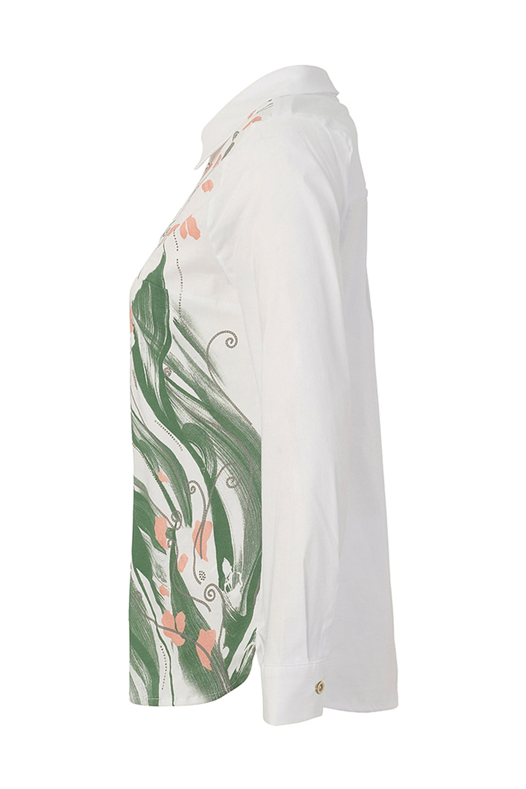 A white long-sleeve button-up shirt shown in side profile, featuring a green and peach abstract botanical print on the lower front panel.