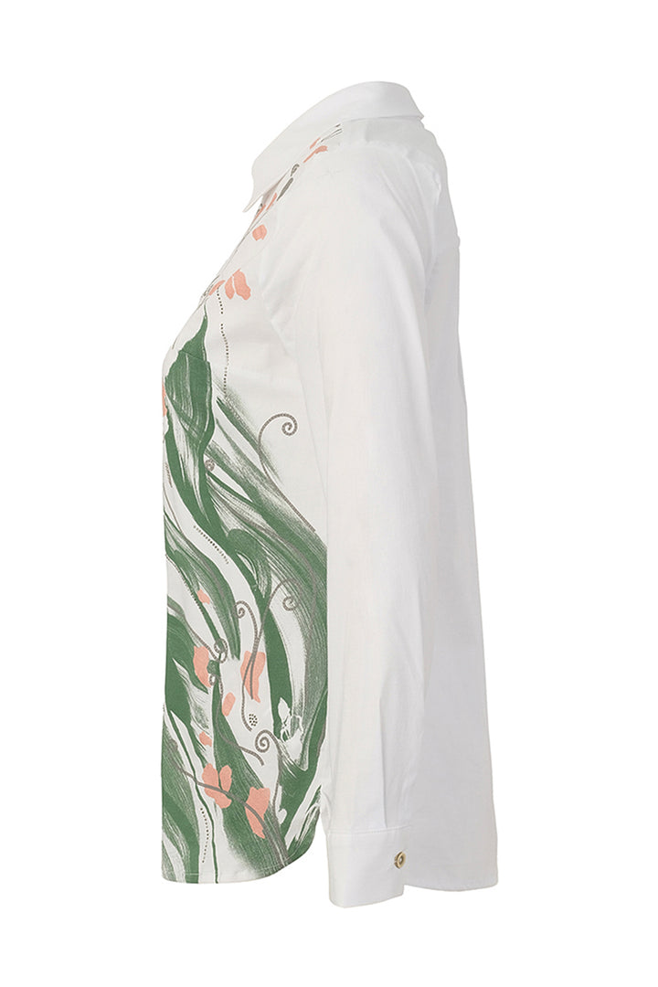 A white long-sleeve button-up shirt shown in side profile, featuring a green and peach abstract botanical print on the lower front panel.