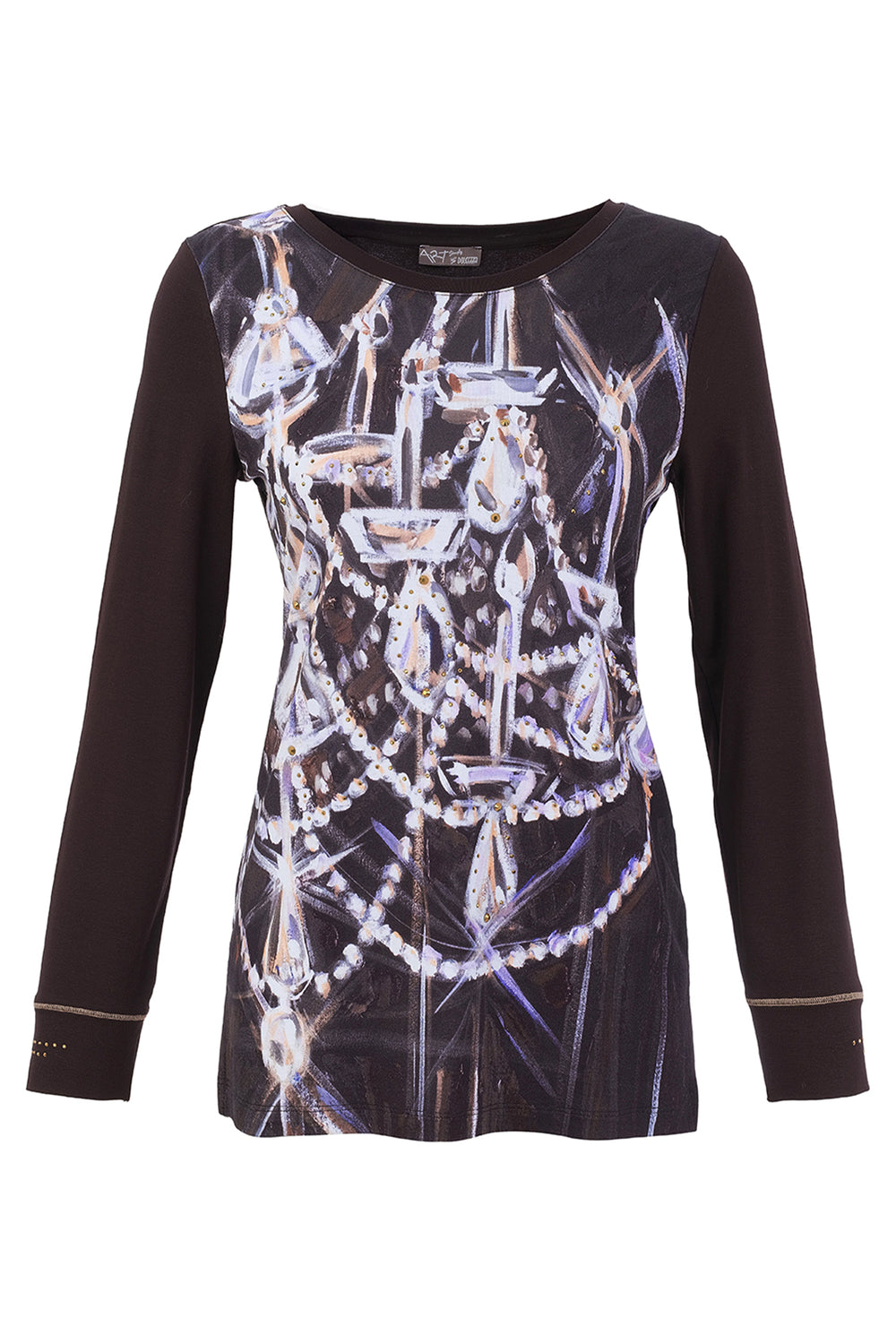 A long-sleeve tunic top in dark brown with a large graphic print of chandeliers and pearls in silver, white, and light purple tones across the front.