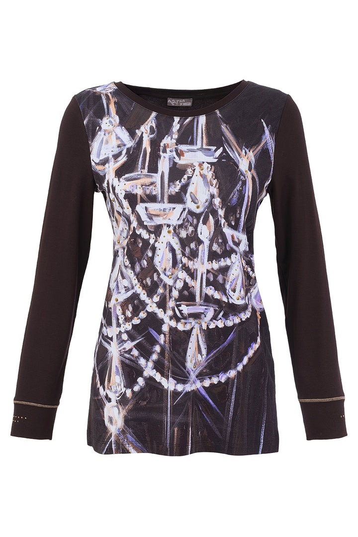 A long-sleeve tunic top in dark brown with a large graphic print of chandeliers and pearls in silver, white, and light purple tones across the front.