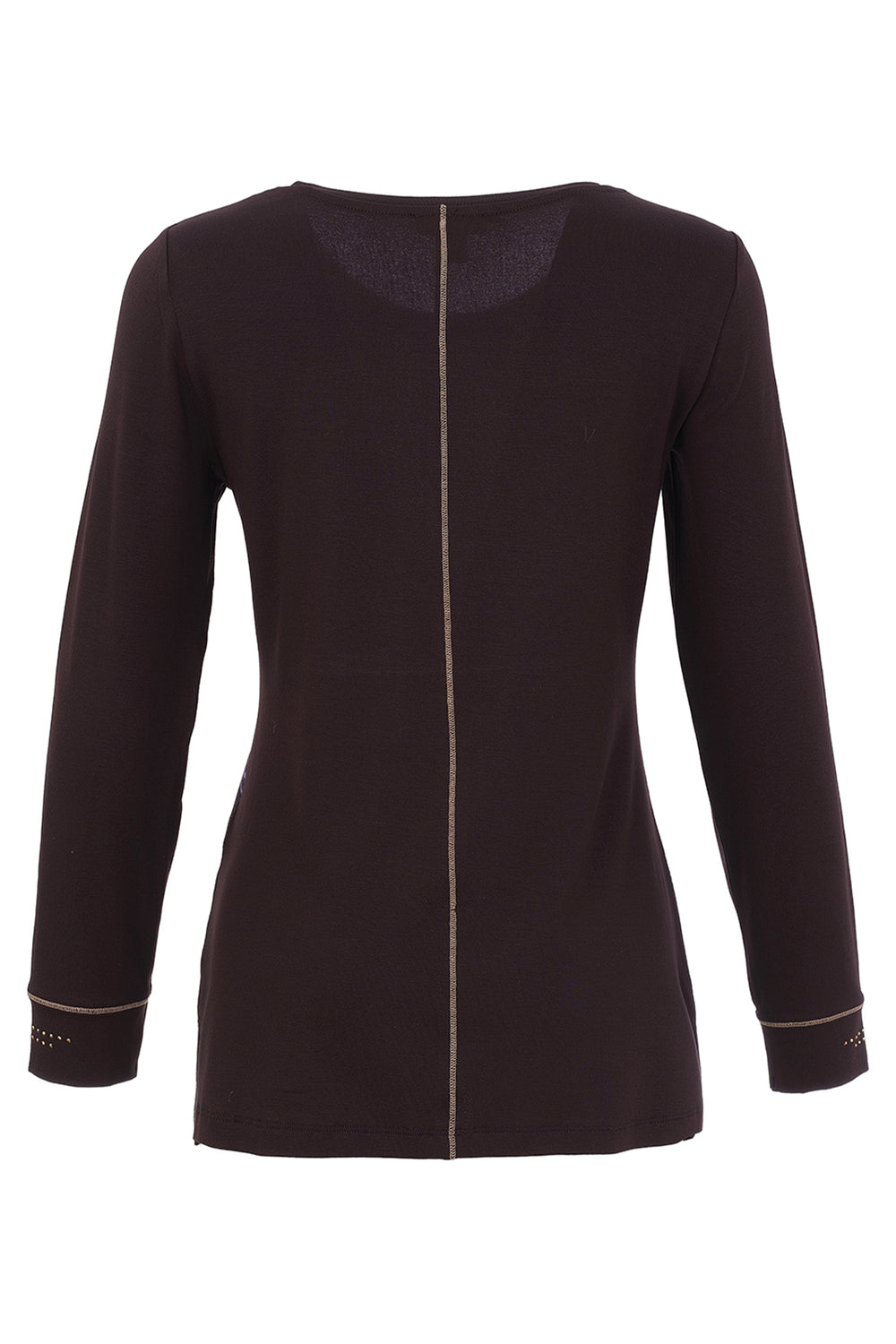 A dark brown long-sleeve knit top with a unique center seam detail running down the front, photographed against a solid white background.