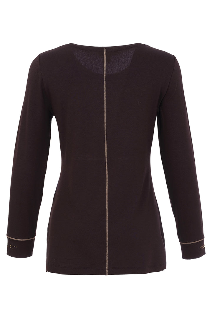 A dark brown long-sleeve knit top with a unique center seam detail running down the front, photographed against a solid white background.