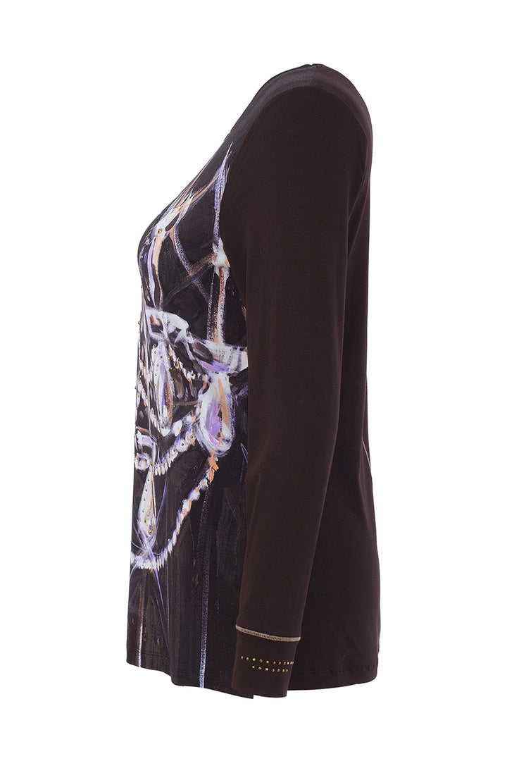 A long-sleeve top shown from the side, featuring a solid dark brown sleeve and upper bodice, with a sheer black overlay panel on the front decorated with a white and purple graphic print of a horse bit or chain design, finished with gold stud detailing on the cuffs.