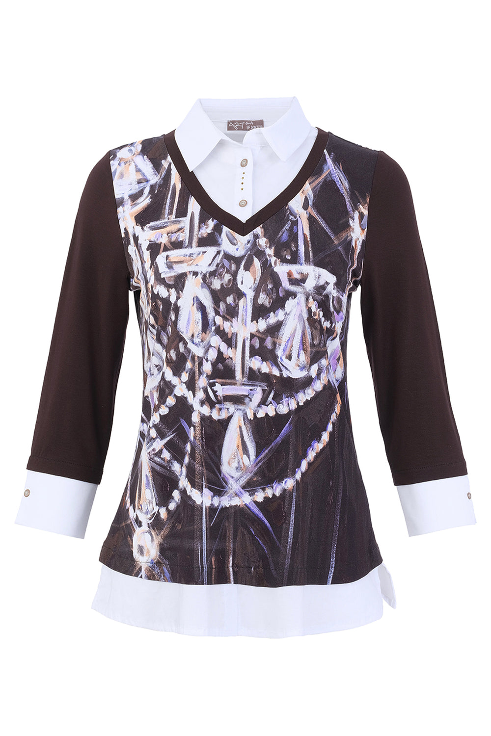A women's long-sleeve top featuring a black base with a white collar, white cuffs, and a large graphic print of a jeweled corset bodice on the front.