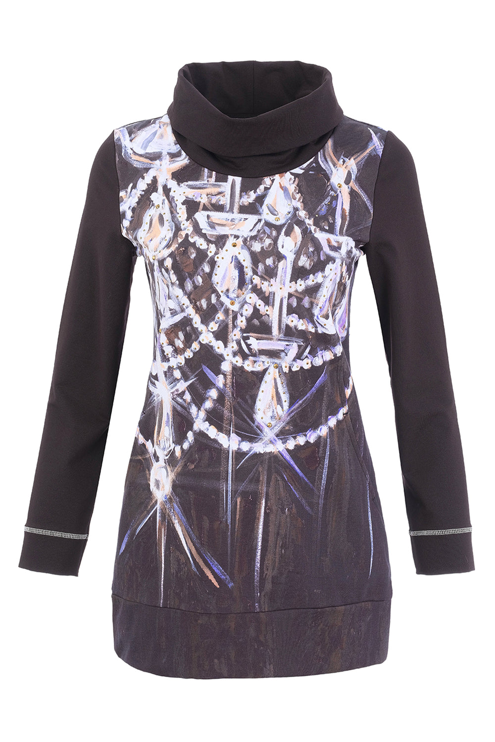 A long-sleeve mock neck dress in black, featuring a large white and silver graphic print of chandeliers and crystals across the front.