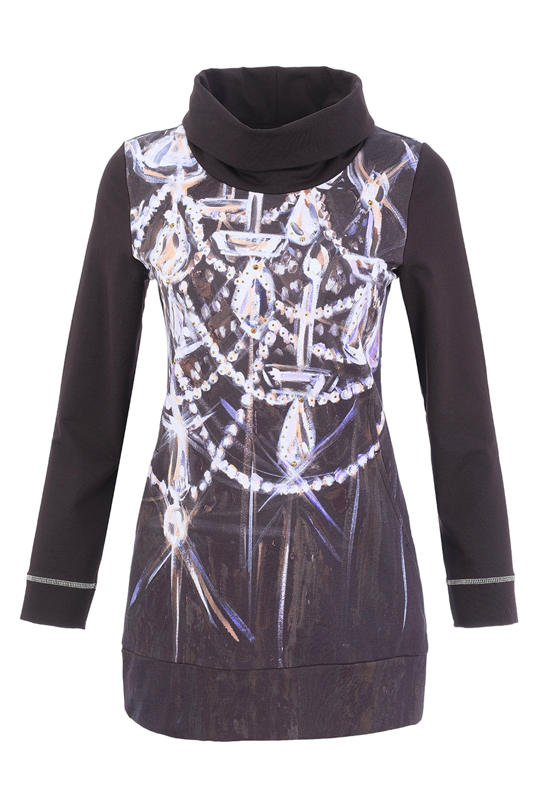 A long-sleeve mock neck dress in black, featuring a large white and silver graphic print of chandeliers and crystals across the front.