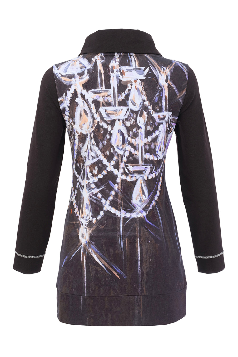 A black long-sleeve tunic top with a high collar, featuring a large back print of a white and silver chandelier with hanging crystal-like beads.