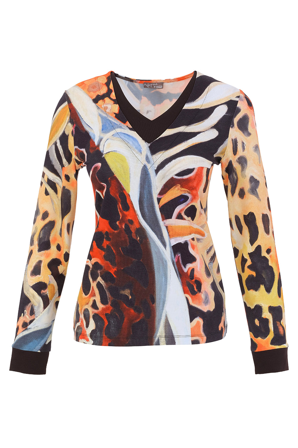A long-sleeve V-neck top featuring an abstract, painterly print with leopard-like spots in orange, black, beige, white, and gray.