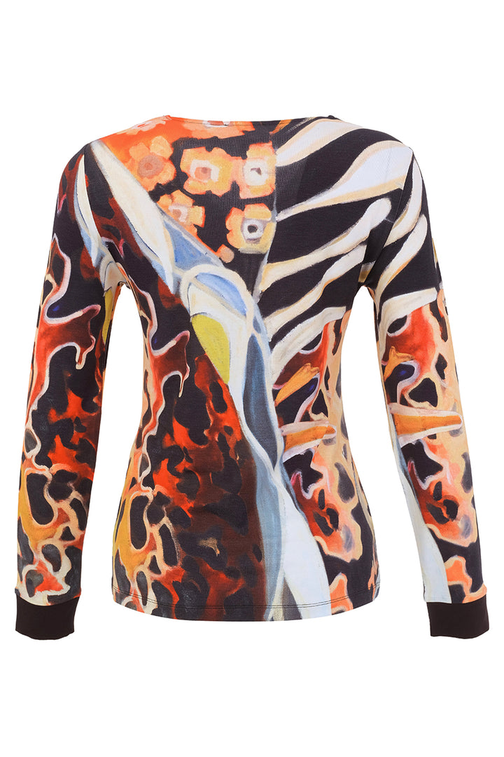 A long-sleeve crewneck top featuring a complex abstract and floral print with black, orange, white, and yellow elements, shown against a plain white background.